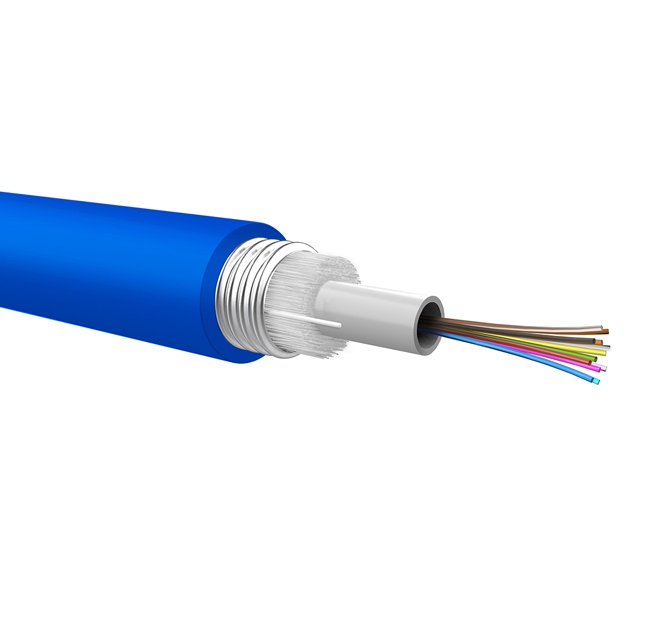 Optical loose cable, corrugated steel armour, 4 fibers 50/125 OM3, PE jacket, Euroclass Fca