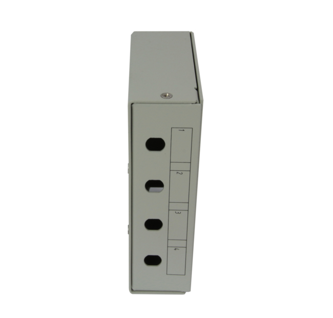 4-port optical box for ST Simplex adapters, installation on DIN-rails, with integrated splice trays organizer, grey RAL 7035