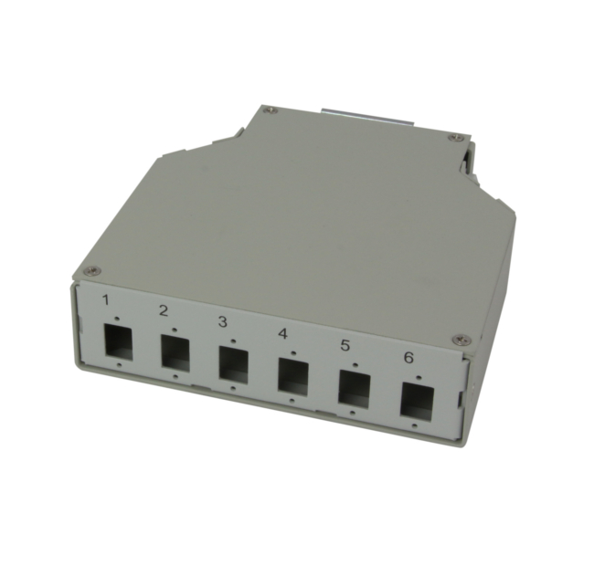 6-port optical box for SC Simplex/LC Duplex adapters, installation on DIN-rails, with integrated splice trays organizer, grey RAL 7035