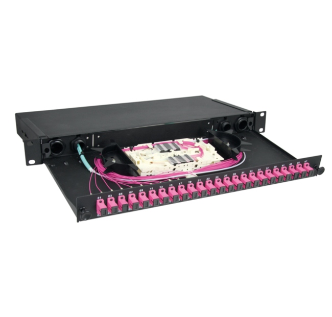 19″ sliding FO patch panel, 24 blank ports for SC Simplex, LC Duplex, MTRJ adapters – 1U – black