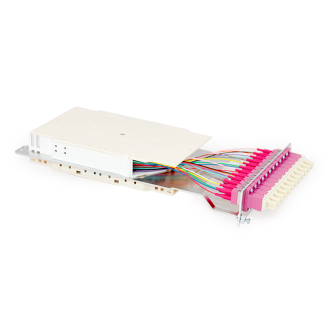 Fiber optic termination module 3U/7HP – 12 SC-Splx MM OM4 adapters, Erika colour – 12 SC OM4 pigtails, splice tray, organizer, cover
