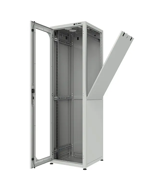 ﻿Floor TECH front glass door, side and rear blind panels 19″ cabinet 800x800x27U gray RAL 7035﻿