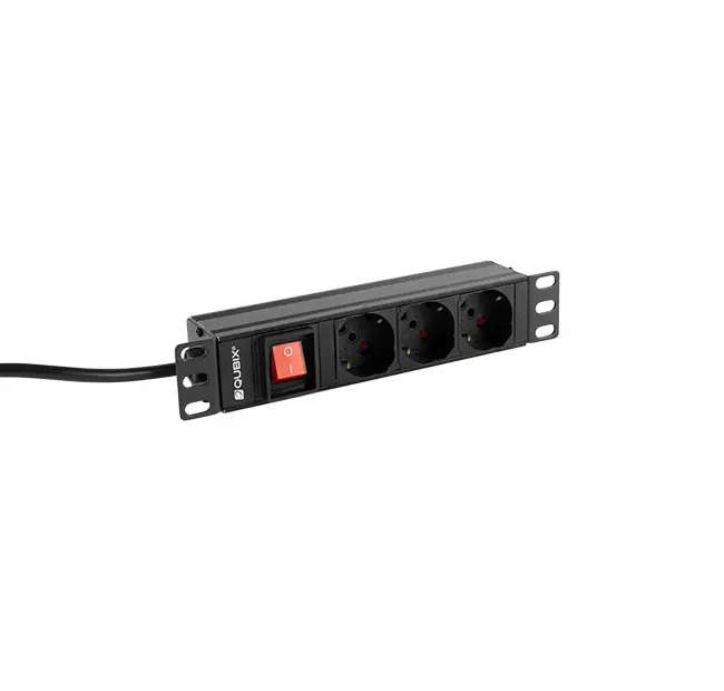Horizontal PDU, 1U/10″, horizontal fixing with 3 sockets and light switch, aluminium frame, black color