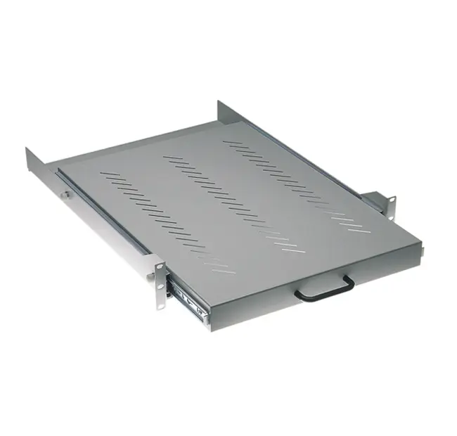 19” sliding shelf D=750 mm – mounting on 4 uprights, grey RAL 7035