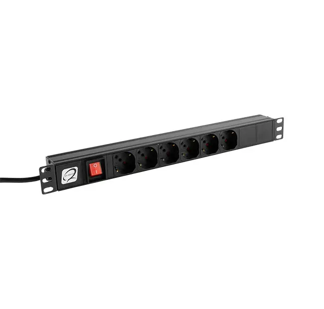 PDU 19″/1U, with 6 sockets and light switch, horizontal and vertical fixing, aluminium frame, black color