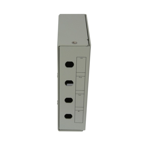 4-port optical box for ST Simplex adapters, installation on DIN-rails, with integrated splice trays organizer, grey RAL 7035