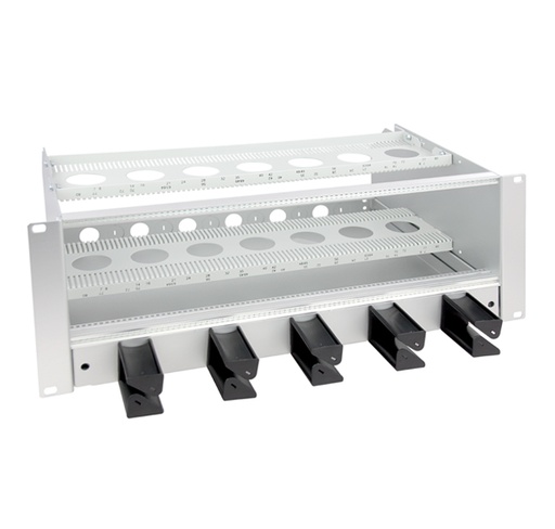 19″ modular FO patch panel 4U -84TE, Zinc-plated aluminium, depth 295 mm, BGT pullout tray 1U for cable extra supply, cable guide with 5 rings.