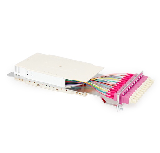Fiber optic termination module 3U/7HP – 12 SC-Splx MM OM4 adapters, Erika colour – 12 SC OM4 pigtails, splice tray, organizer, cover