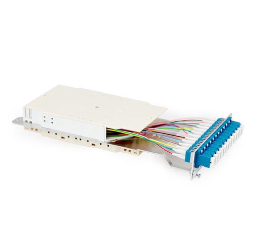 Fiber optic termination module 3U/7HP – 12 SC-Splx SM 9/125 adapters, blue colour – 12 LC SM 9/125 pigtails, splice tray, organizer, cover