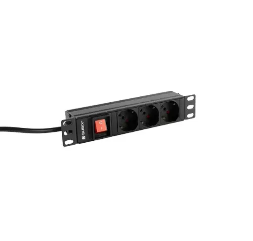 Horizontal PDU, 1U/10″, horizontal fixing with 3 sockets and light switch, aluminium frame, black color