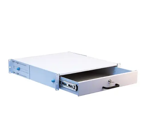 Drawer 2U / 19″, grey RAL 7035, horizontal mounting on 4 uprights