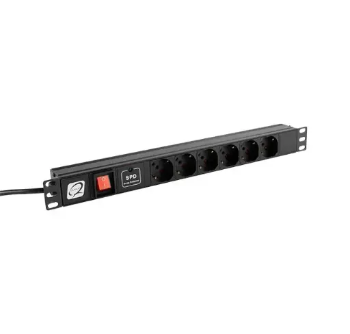Power bar 1U/19″, fis. horizontal, 6 sockets, int. bright, thermal and surge prot., aluminum frame, black color