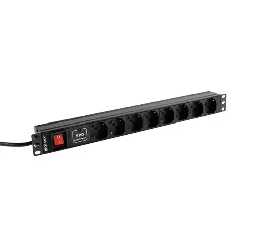 PDU 19″/1U, horizontal fixing, 8 sockets, light switch, power surge protection, aluminium frame, black color