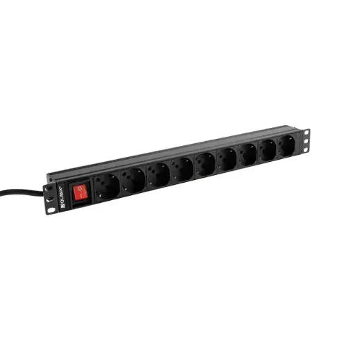 PDU 19″/1U, with 9 sockets and warning light, horizontal and vertical fixing, aluminium frame, black color